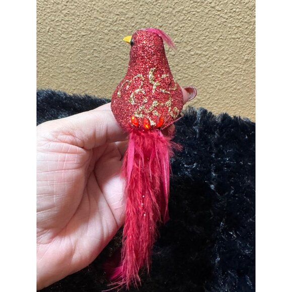 Vintage Red Glitter Bird Ornament Clip-On With Feathers & Decorative Detailing - Picture 3 of 7